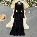 Gentle wind niche styleclassy round neck long sleevescut outknittingdress women's inner suspender skirt layered two-piece set