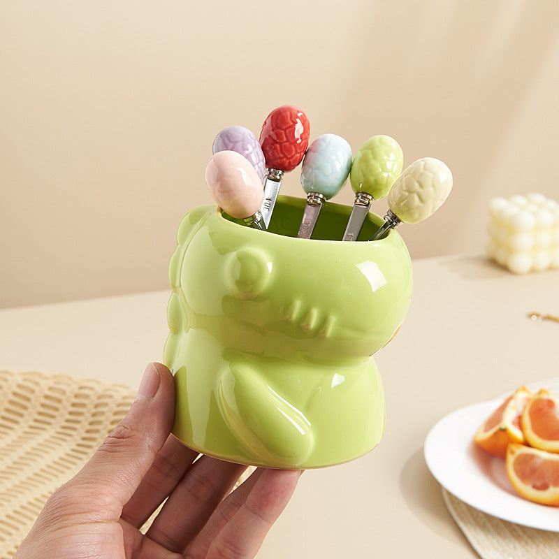 Cute dinosaur cartoon high-value ceramic cute fruit fork box stainless steel fruit fork suit afternoon tea spoon combination