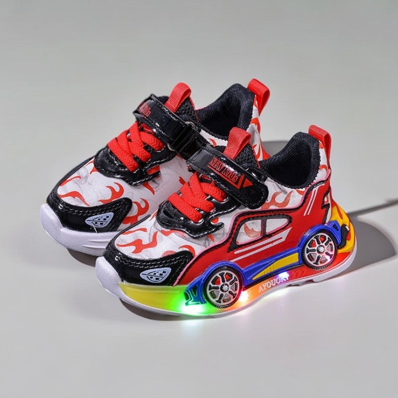 Glowing sneakers  spring/autumn new cartoon car kids' casual shoes, leather light-up shoes for young boys and girls