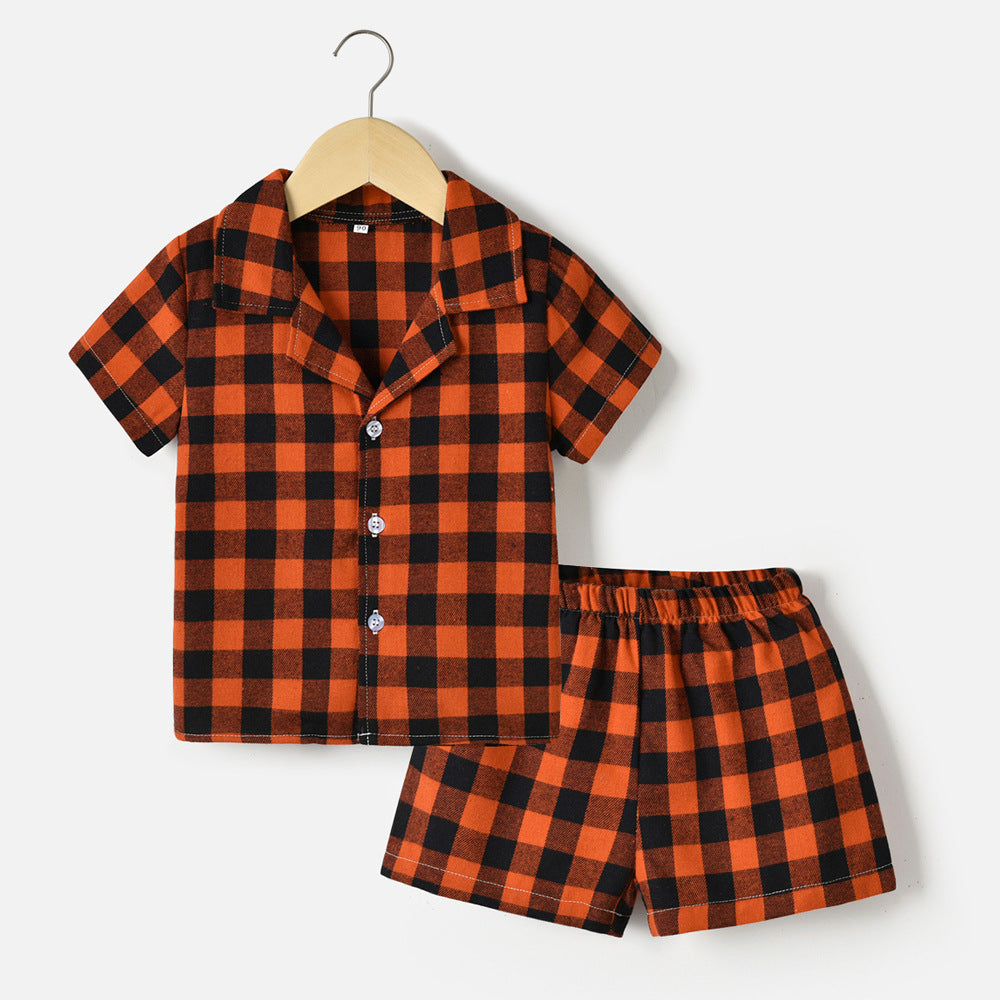 Export children's clothing kids pajamas spring and summer boys short-sleeved kids plaidcardigan boys thin cotton kids home clothes