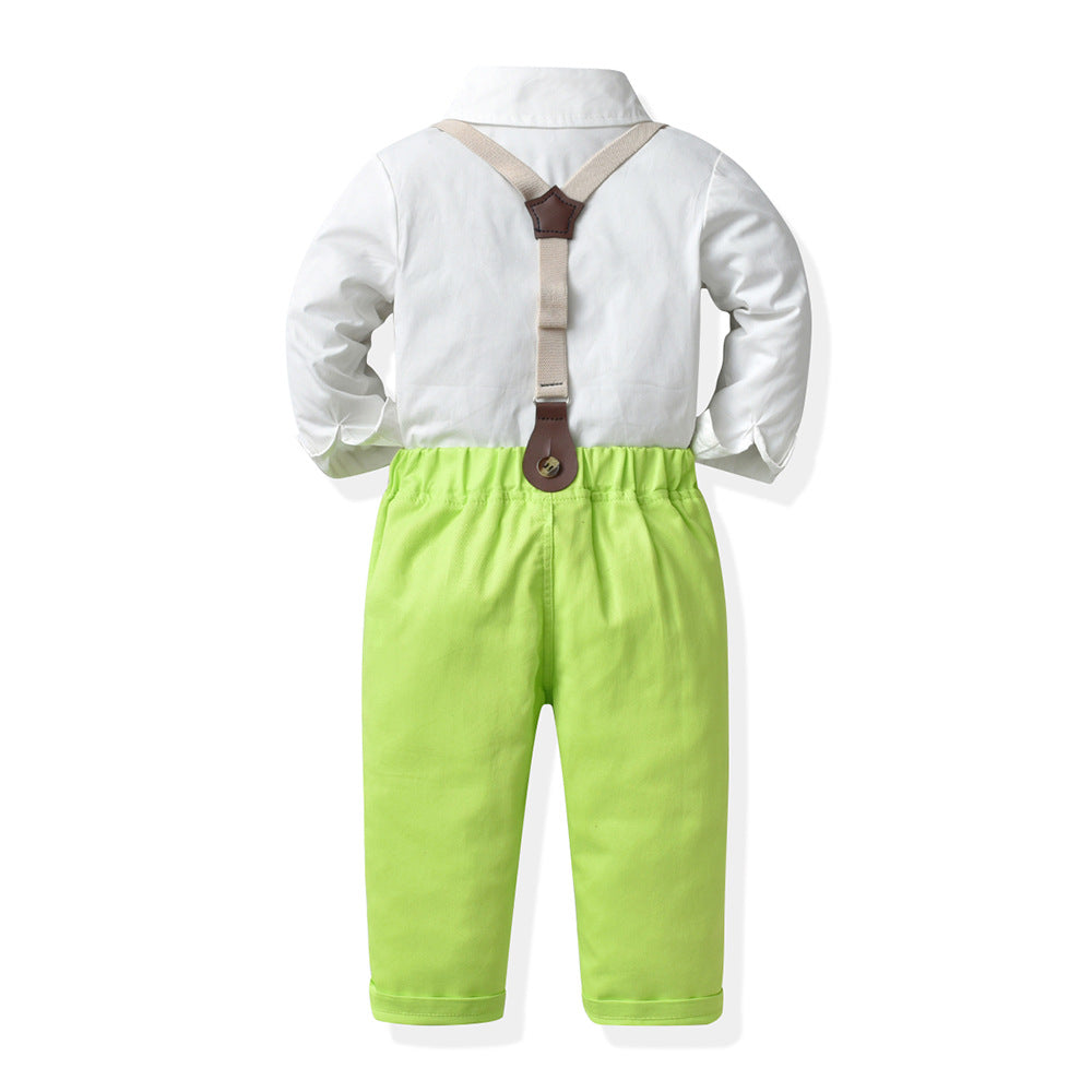Boys' autumn outfit set - new foreign trade style, korean fashion for mid-to-large children, cotton white shirt & neon green overalls, trendy kids' clothing