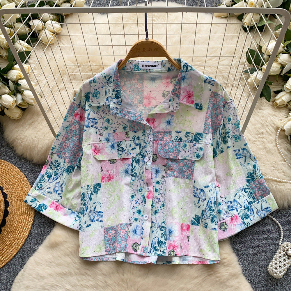 Korean style commute chic color block breathable printed shirt - women's short sleeve casual loose fit cardigan top - elegant summer