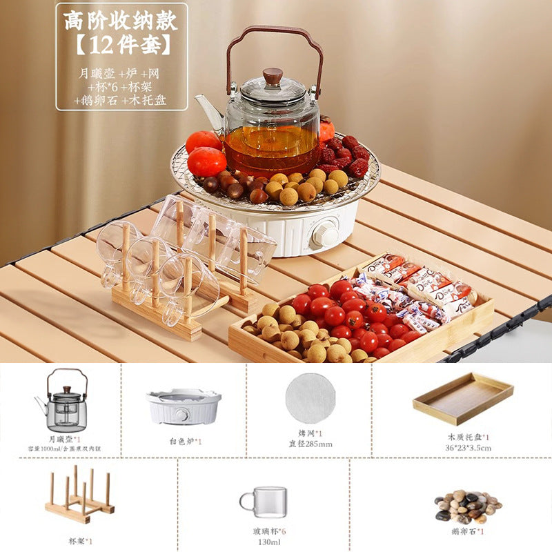 Electric ceramic stove tea set - complete tea brewing kit for home use: includes glass teapot, electric oven, tea cups, fruit plate, and tea accessories