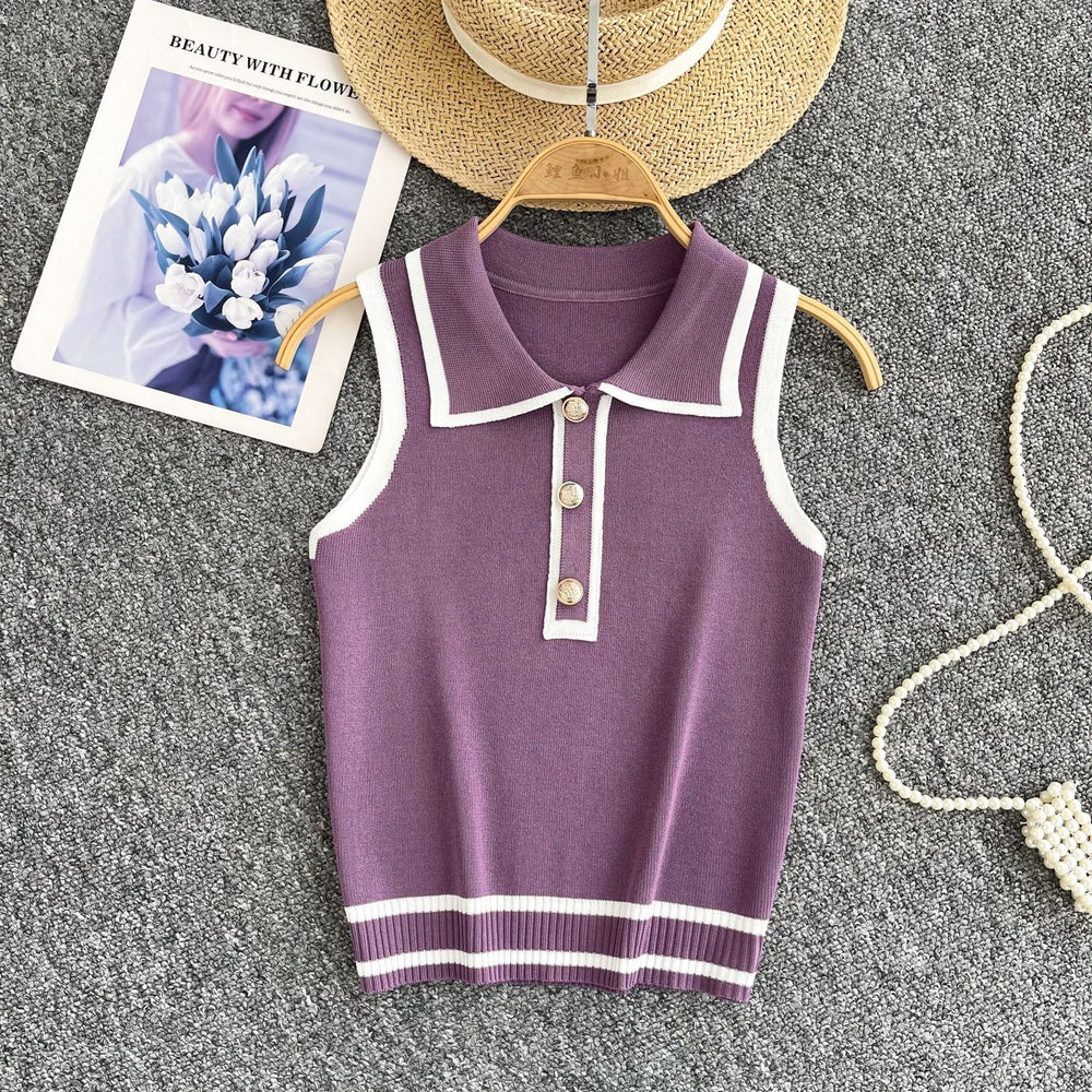 Minimalist striped knit sleeveless tank top for women - summer lapel, slim fit, figure-flattering design, chic and stunning, petite-friendly top