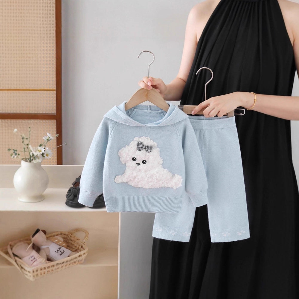 Kids' sweater set - new autumn/winter collection - baby girl cute cartoon puppy hooded knit sweater and pants set