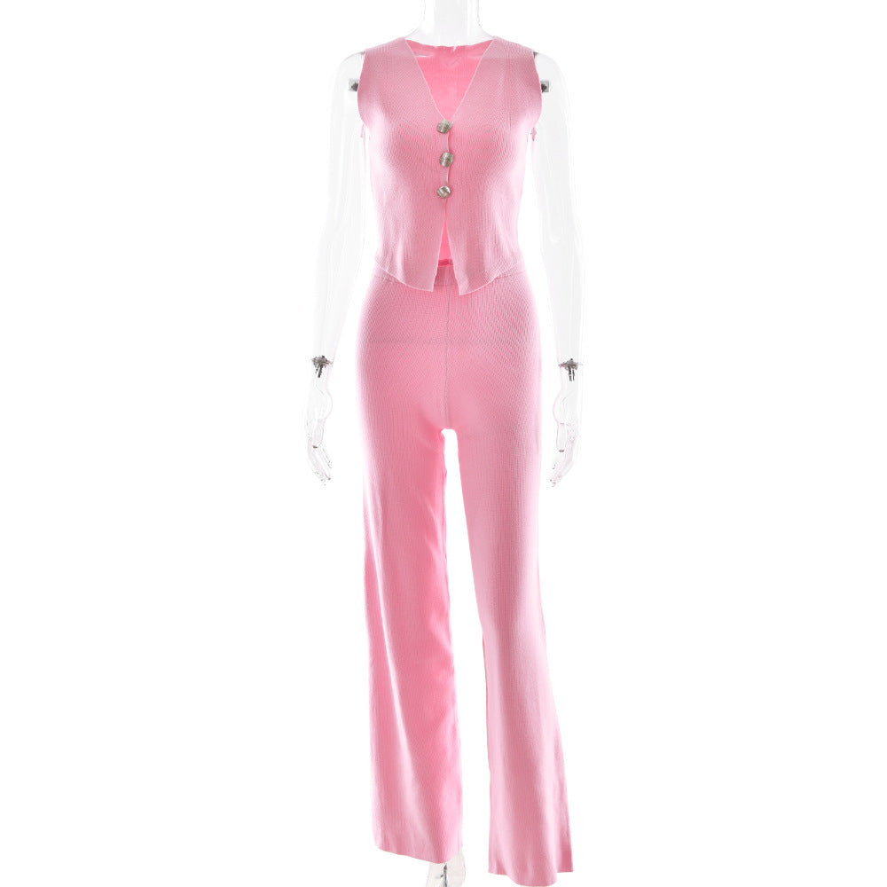 European and American  new hot-selling women's knitted suit, sexy sleeveless cardigan sweater, straight high-waisted trousers suit
