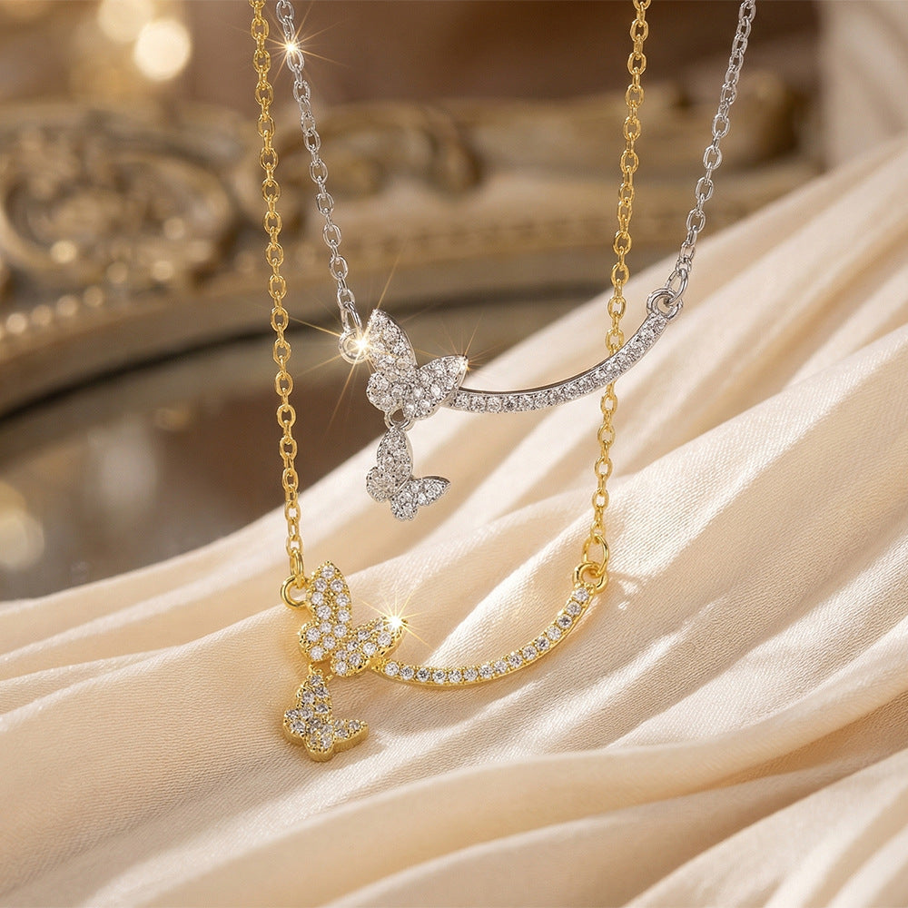 Popular internet celebrity fashion copper inlaid with zirconium full diamond butterfly tassel necklace for women accessible luxuryniche style non-fading clavicle chain jewelry