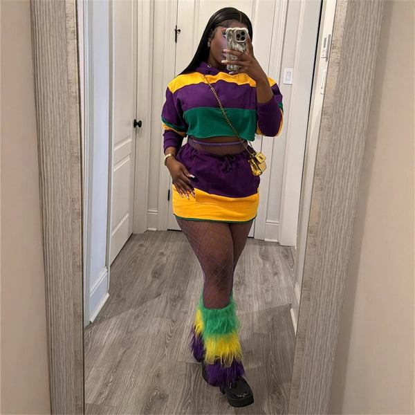 European and American new  Orleans Festival contrasting colors, trendy stripes, loose short top, lace-up hip-wrapped short skirt set