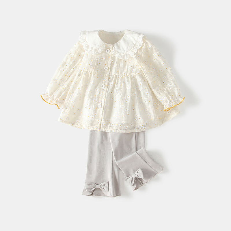 Girls' outfit set, new autumn  collection: stylish baby doll collar long-sleeve two-piece set for infants - sweet and chic for spring and autumn