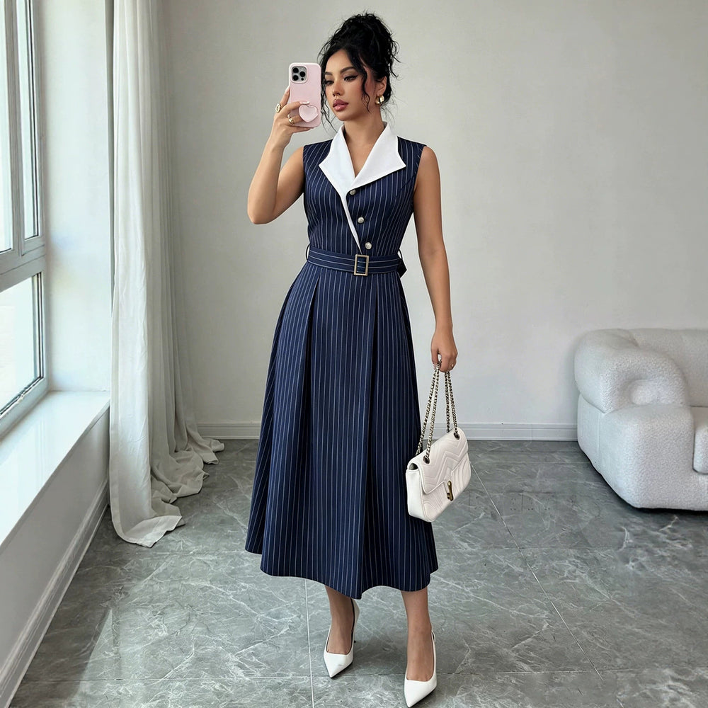cross-border fashion women's work dress - navy pinstripe v-neck blouse dress with belted waist for a slimming silhouette