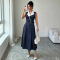 cross-border fashion women's work dress - navy pinstripe v-neck blouse dress with belted waist for a slimming silhouette