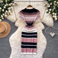 Korean style color block striped knit dress - women's 2026 summer slim fit short sleeve a-line dress - commute chic