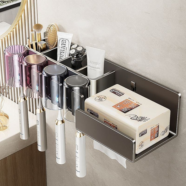 Toothbrush shelf, no punching, gun ash, bathroom, tooth cup, mouthwash cup storage, wall-mounted tissue holder integrated