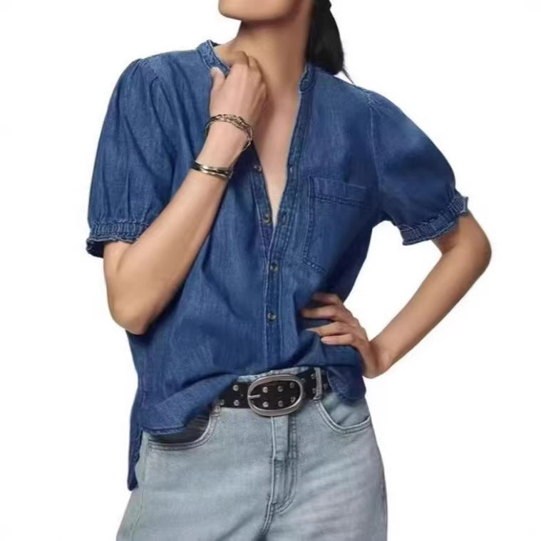 new european and american style versatile princess sleeve lightweight denim shirt casual top for women - perfect for cross-border e-commerce on  and