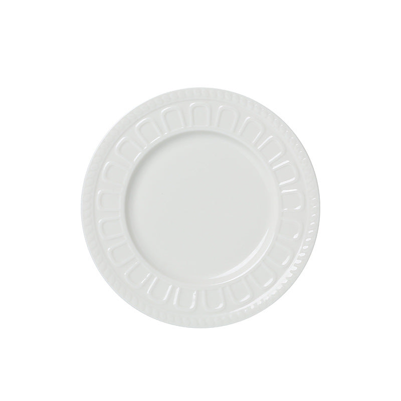 Pure white embossed dinnerware ceramic plate - nordic/american style flat plate, soup plate, fruit plate, hotel & restaurant minimalist style steak plate