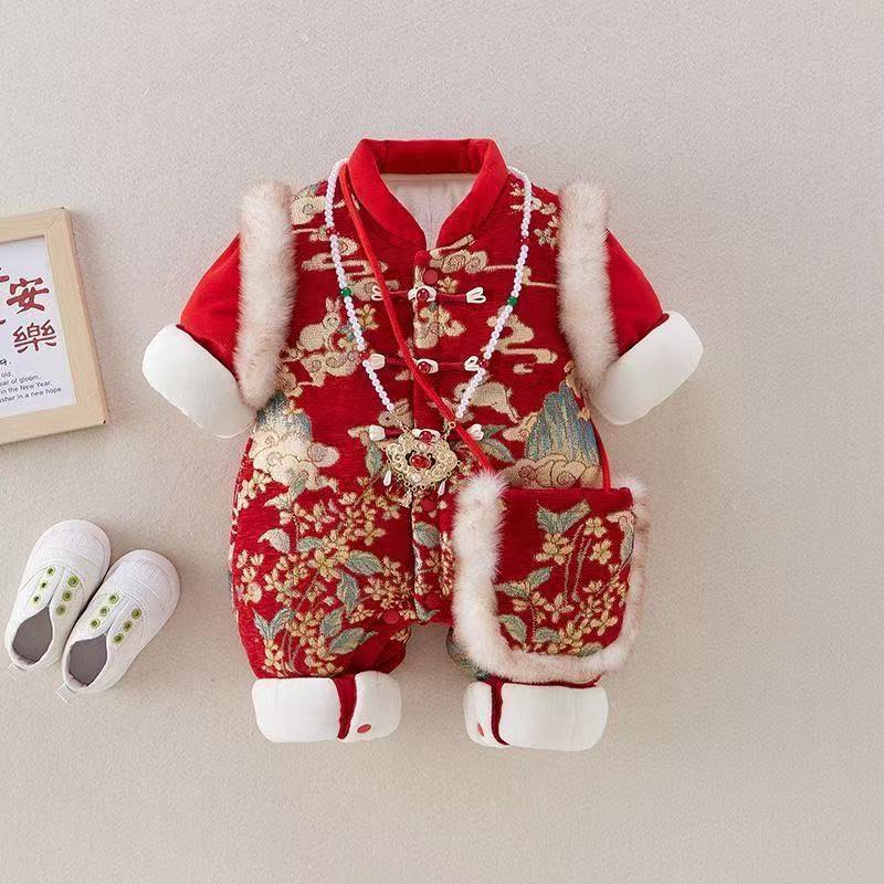 Newborn winter chinese style romper - adorable bunny mandarin collar jumpsuit for baby boys and girls