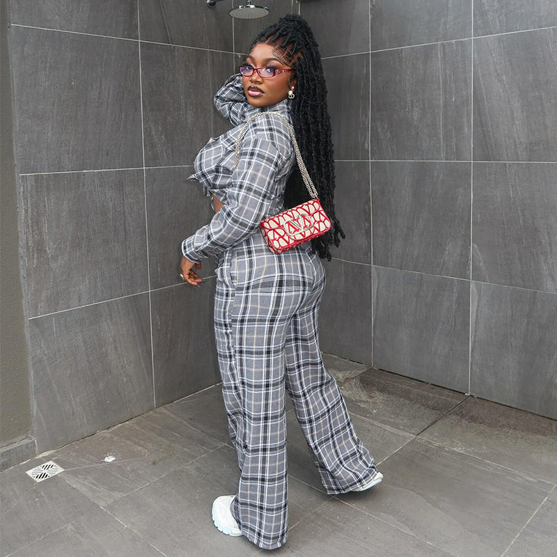 European and american women's clothing  autumn new collection: sweet and fresh plaid turn-down collar long-sleeve shirt and high-waisted straight-leg pants two-piece set