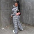 European and american women's clothing  autumn new collection: sweet and fresh plaid turn-down collar long-sleeve shirt and high-waisted straight-leg pants two-piece set