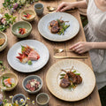 Embossed irregular ceramic steak plate - stylish, high-value, retro striped dinnerware for restaurants and hotels