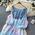 French romantic one-shoulder printed dress - women's spring/autumn lantern sleeve a-line maxi dress - vacation style