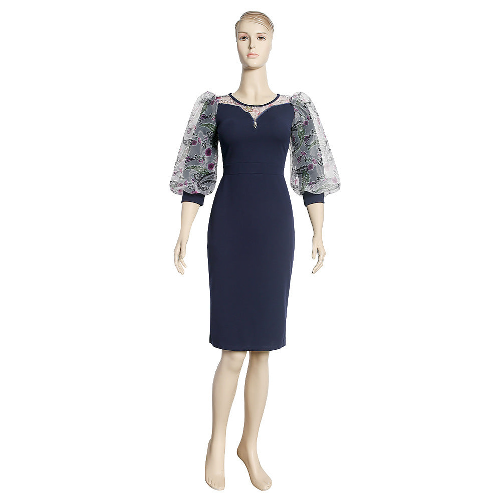 Long-sleeved, waist-cinching, midi-length dress,  new style, faux two-piece, spliced pencil skirt, african clothing wholesale