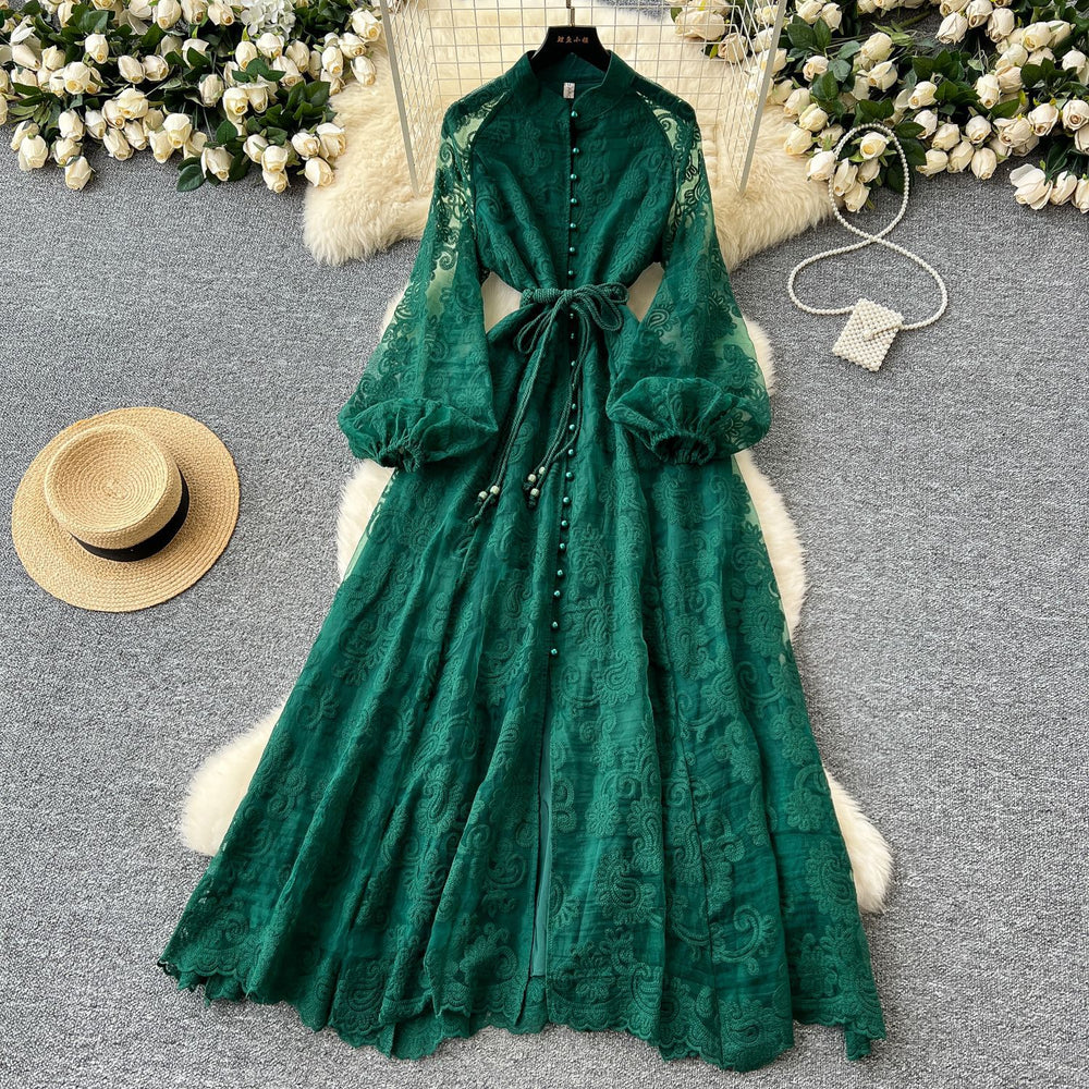 European and american style elegant stand collar single-breasted heavily crocheted embroidered lantern sleeve tie-waist maxi dress
