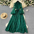 European and american style elegant stand collar single-breasted heavily crocheted embroidered lantern sleeve tie-waist maxi dress
