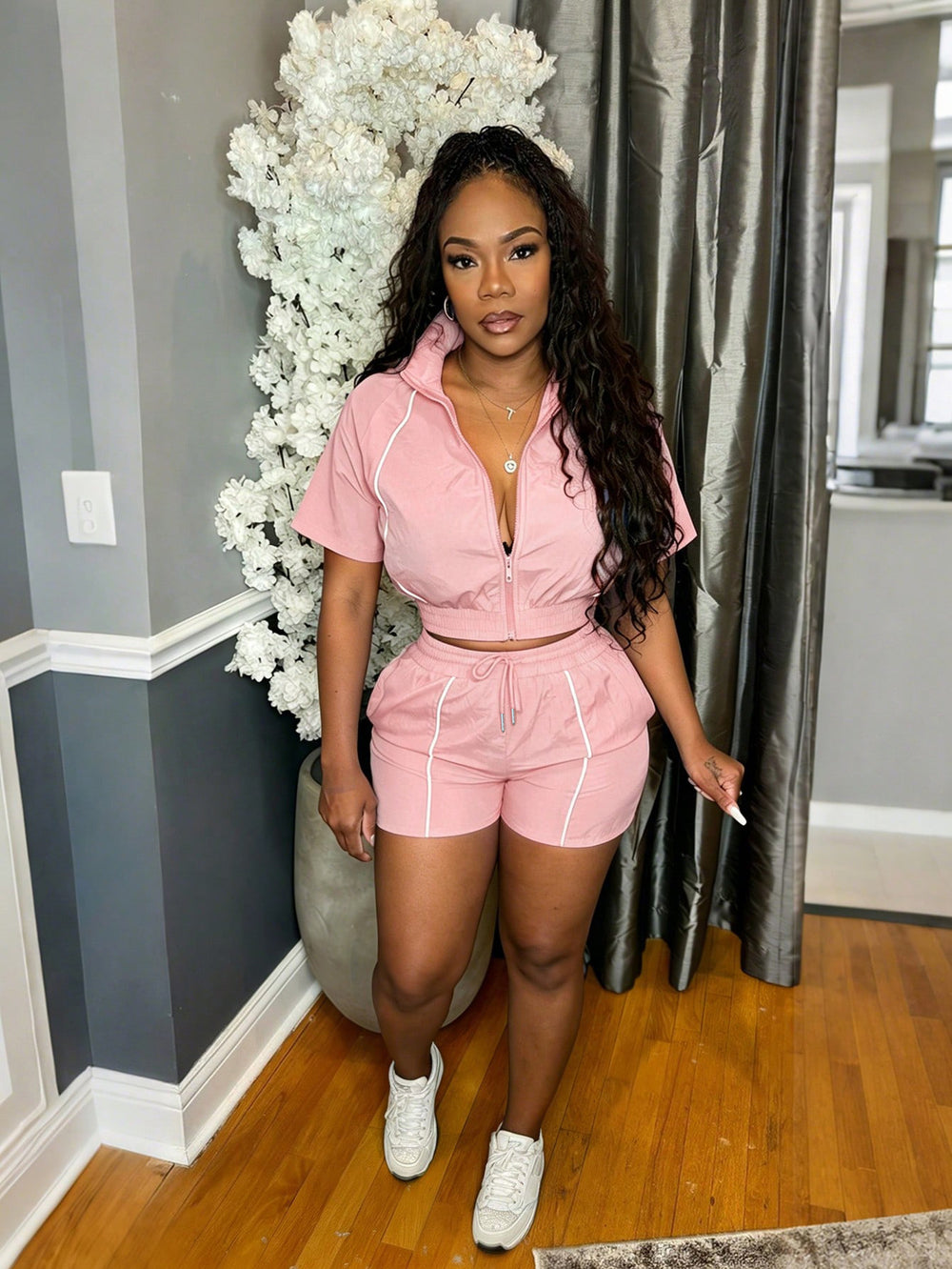 S391521 european and american fashion women's woven color block top and wide-leg elastic waist button-up sport shorts two-piece set