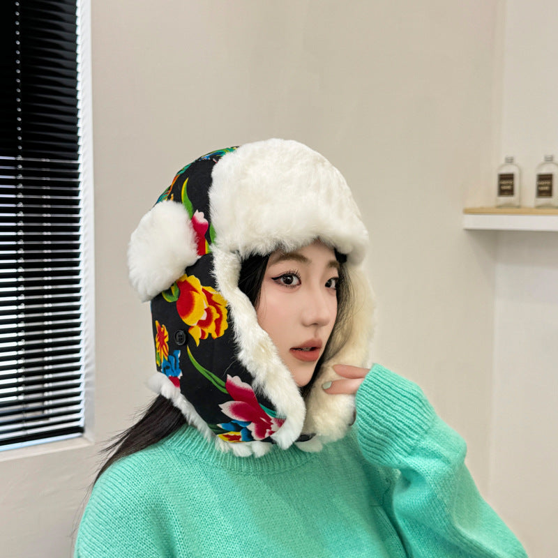 Cross-border imitation rabbit fur winter Lei Feng hat women's trend cotton hat warm ear protection fleece Northeast big old flower cloth youth hat