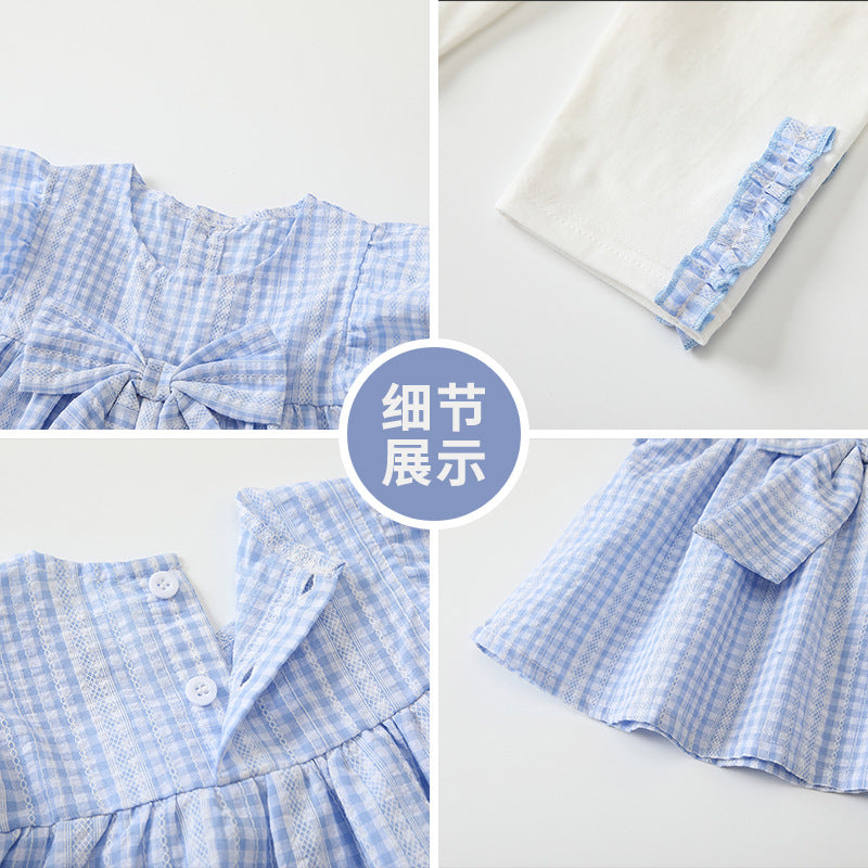 Girls' outfit set  new sweet style baby girl clothes two-piece set pastoral blue plaid top children's clothing
