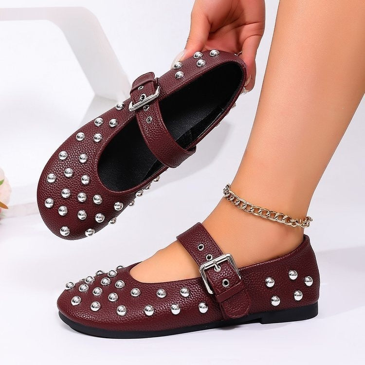 plus sizenew arrivalstudded ballet flats shoes women's retro one-piece buckle strap flats mary jane shoes wholesale