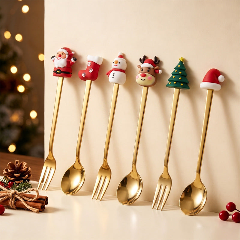 christmas cartoon cutlery gift box stainless steel silicone head spoon fork coffee spoon fruit fork cross-border set wholesale