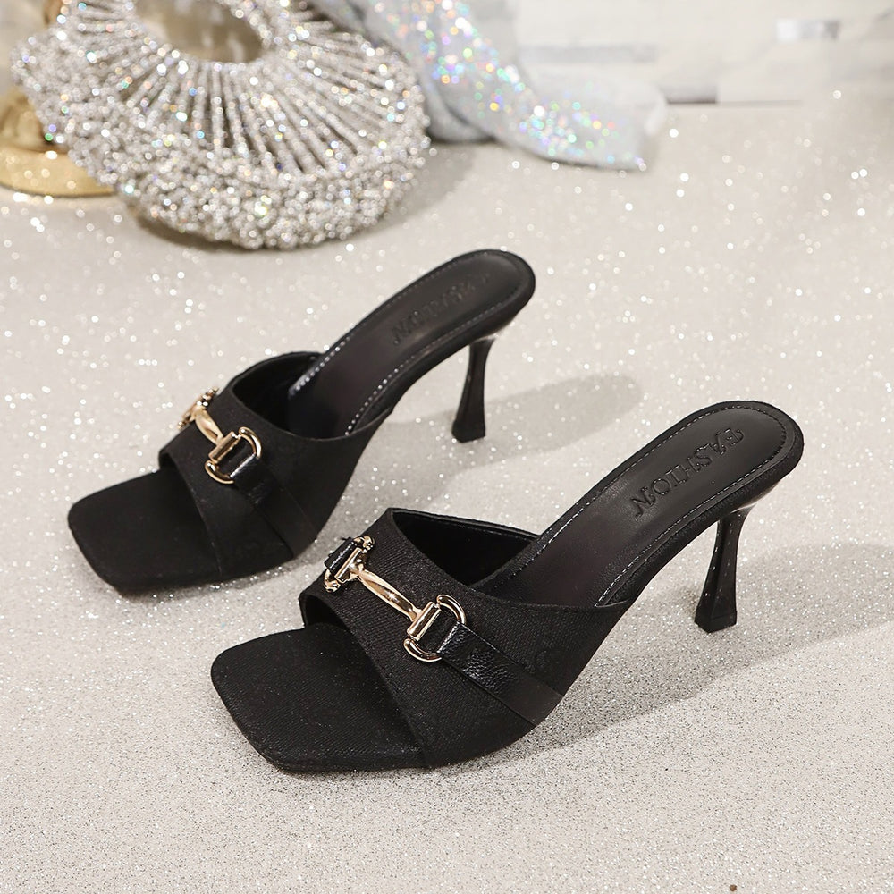 Export square toe metal chain one-word sandals women's outer wear  summer new arrival open toe fashion high heels 43