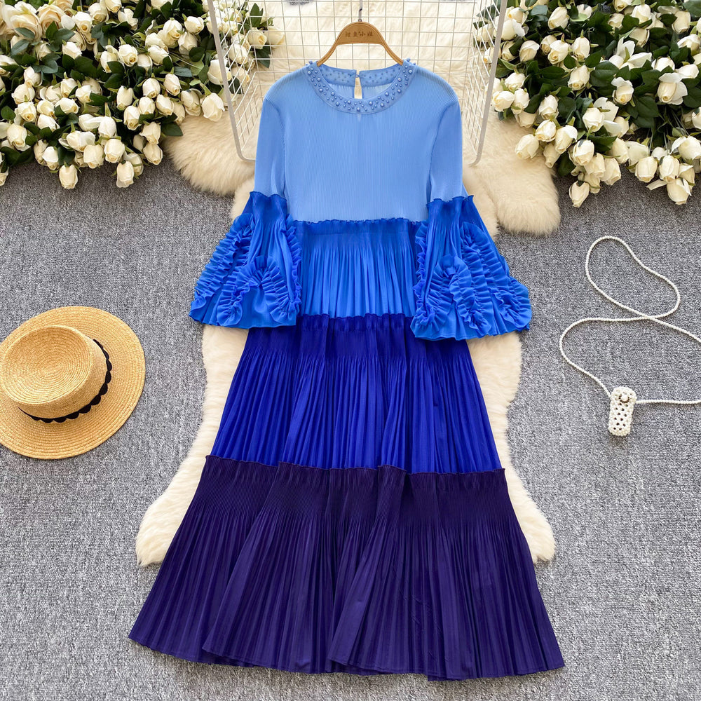 Miyake cross-border wholesale new arrival color matching round neck beading elegantplus size women's miyake pleated dress