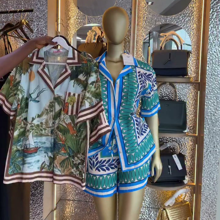 European and american cross-border women's clothing  summer new collection: casual vacation style printed loose-fit shirt and high-waisted shorts set