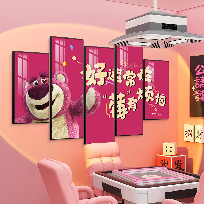 Chess and card room mahjong hall box strawberry bear creative hanging painting pink panther bedroom living room background wall decoration mural