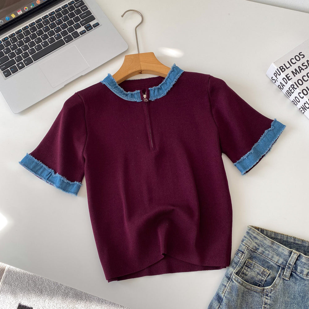 Korean style color block knit top - women's summer short sleeve crew neck half-zip cardigan - versatile, trendy, and designer-inspired top