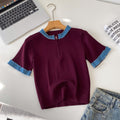 Korean style color block knit top - women's summer short sleeve crew neck half-zip cardigan - versatile, trendy, and designer-inspired top