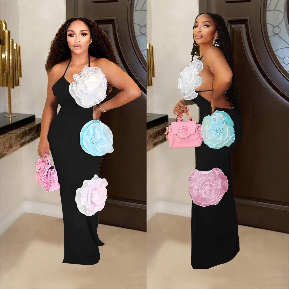 C7048 cross-border   independent station fashion women's solid color floral dress long dress new