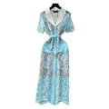 Luxury european and american style blazer collar short sleeve dress - women's summer mesh hollow-out crochet slimming elegant maxi dress