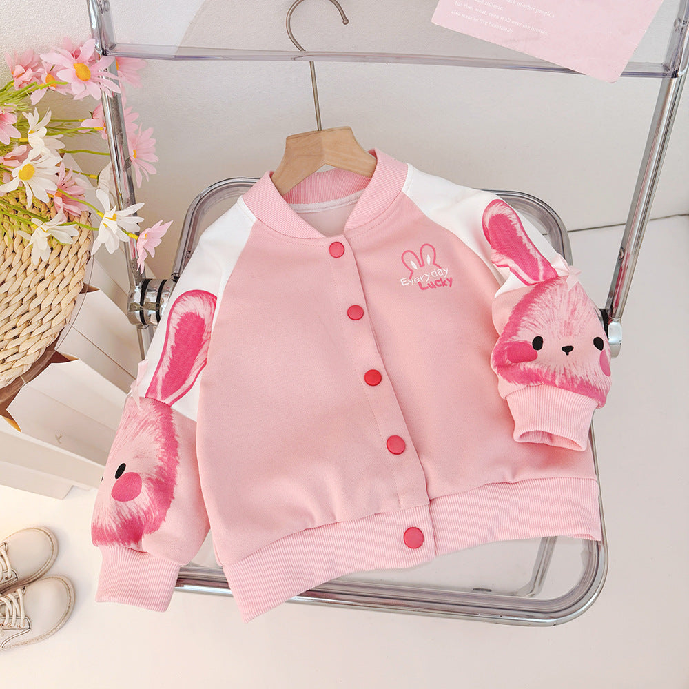 Girls'  korean style spring/autumn lightweight jacket - kids' cartoon baseball jacket, versatile and trendy for little girls