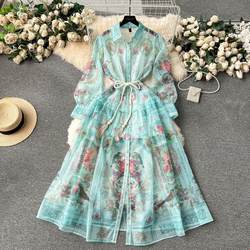 European court style spring dress for women - designer vintage print, slim fit, long, high-end, elegant dress