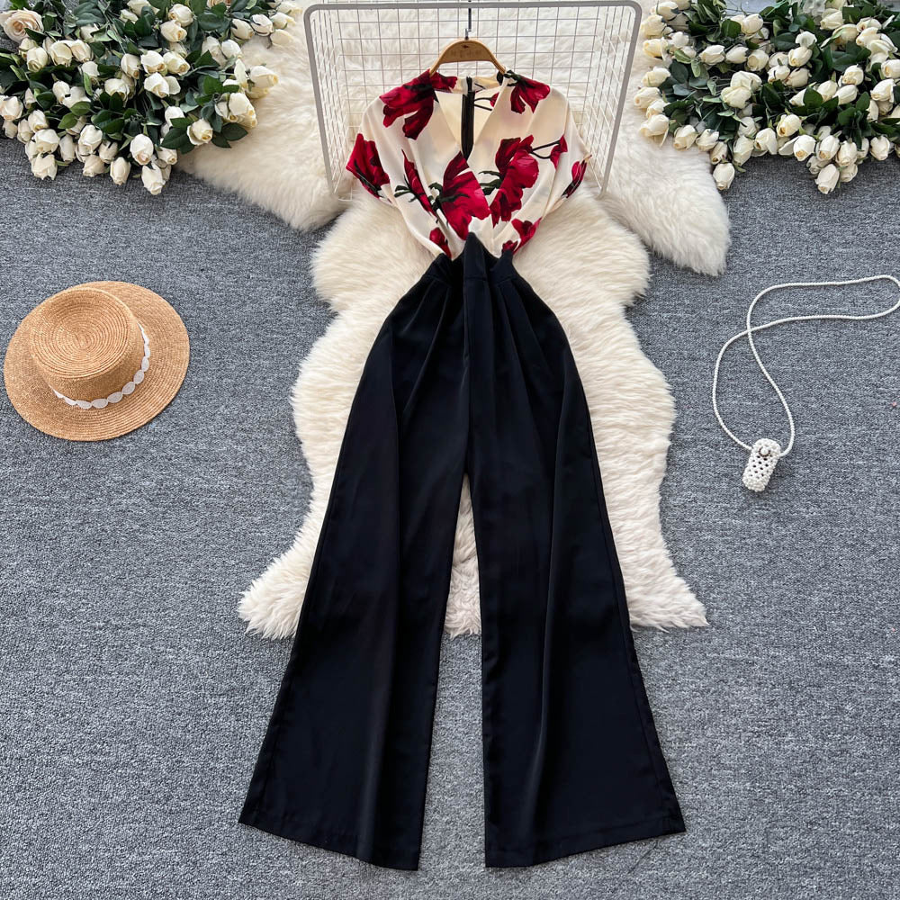 European and american style high-end criss-cross neck flutter sleeve jumpsuit - women's summer slimming wide-leg over-the-knee pants for a chic and powerful look