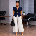 European and american cross-border women's clothing  summer new collection: african-style plus size elegant v-neck short sleeve top and pleated long pants set