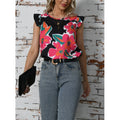 cross-border black base colorful floral print flutter sleeve top - women's