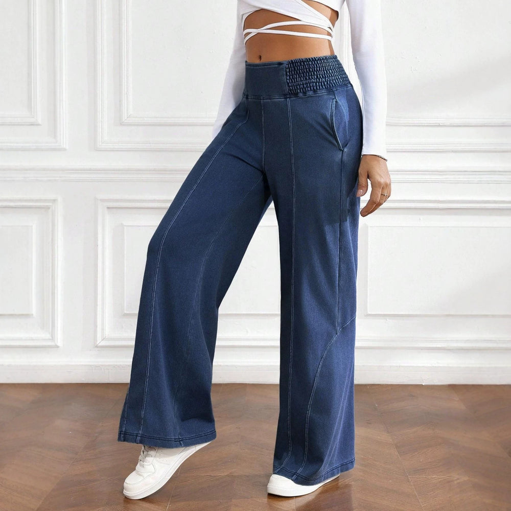 Tummy control imitation denim loose pants four-way stretch soft high waist flared pants