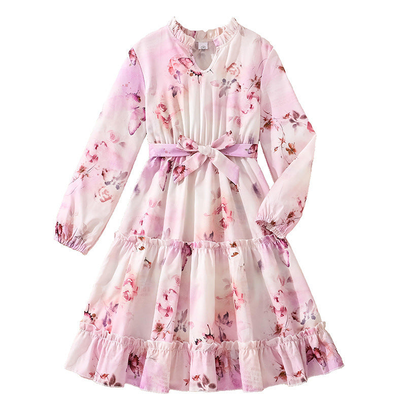 Girls' foreign trade dress, spring/summer  new collection, french elegant vacation style, printed long sleeve, cinched waist, lace trimmed princess dress