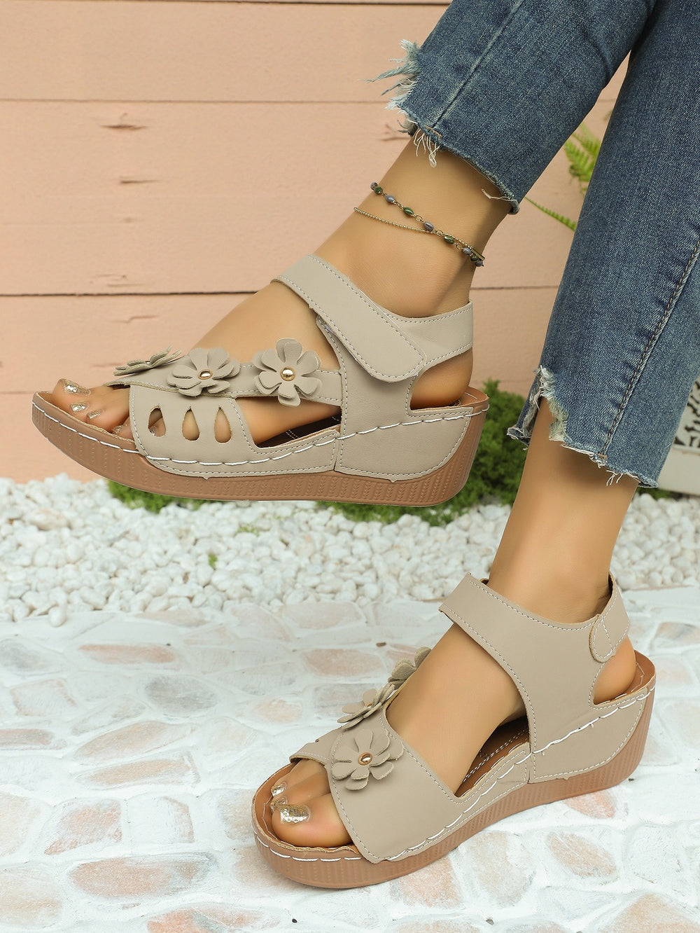 summer new arrival: plus size wedge sandals with floral embellishments, chunky sole, hook-and-loop closure, peep toe beach sandals - wholesale