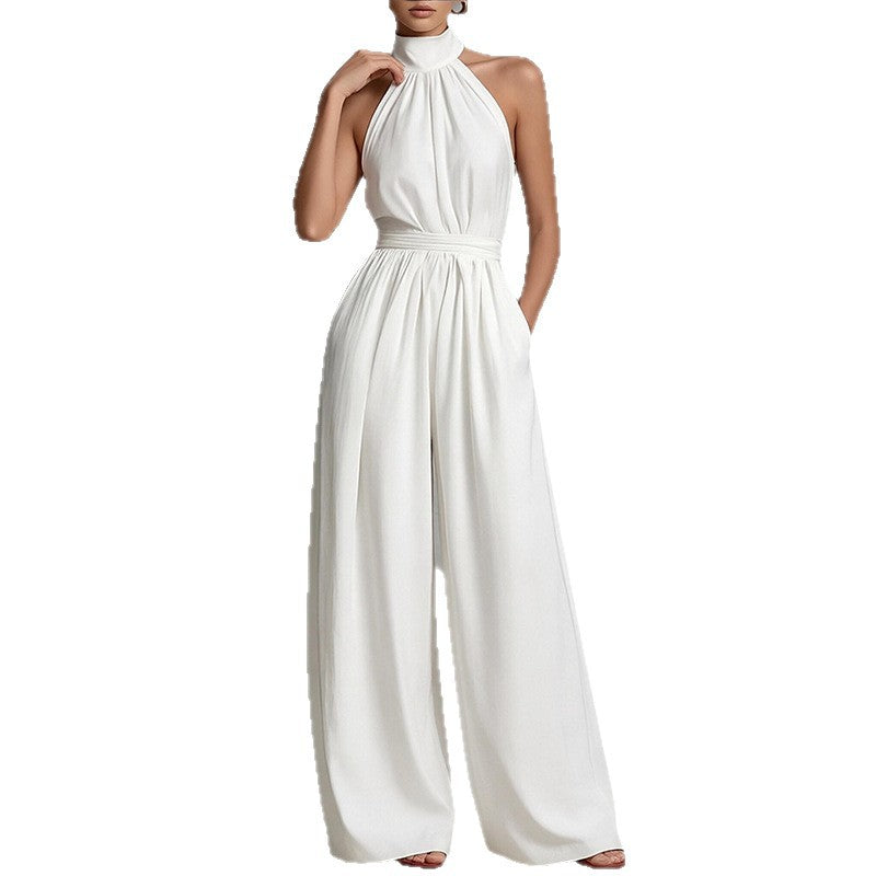 summer new women's clothing: cross-border  fashion - elegant solid color halter neck open back wide leg jumpsuit
