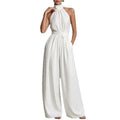 summer new women's clothing: cross-border  fashion - elegant solid color halter neck open back wide leg jumpsuit